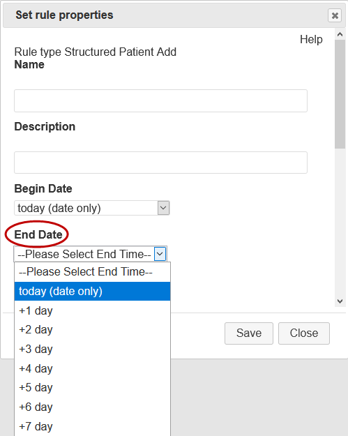 Screenshot of End Date for Structured Patient Add